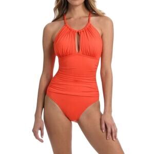 La Blanca Island Goddess High Neck Keyhole One-Piece Swimsuit Size 14 Orange